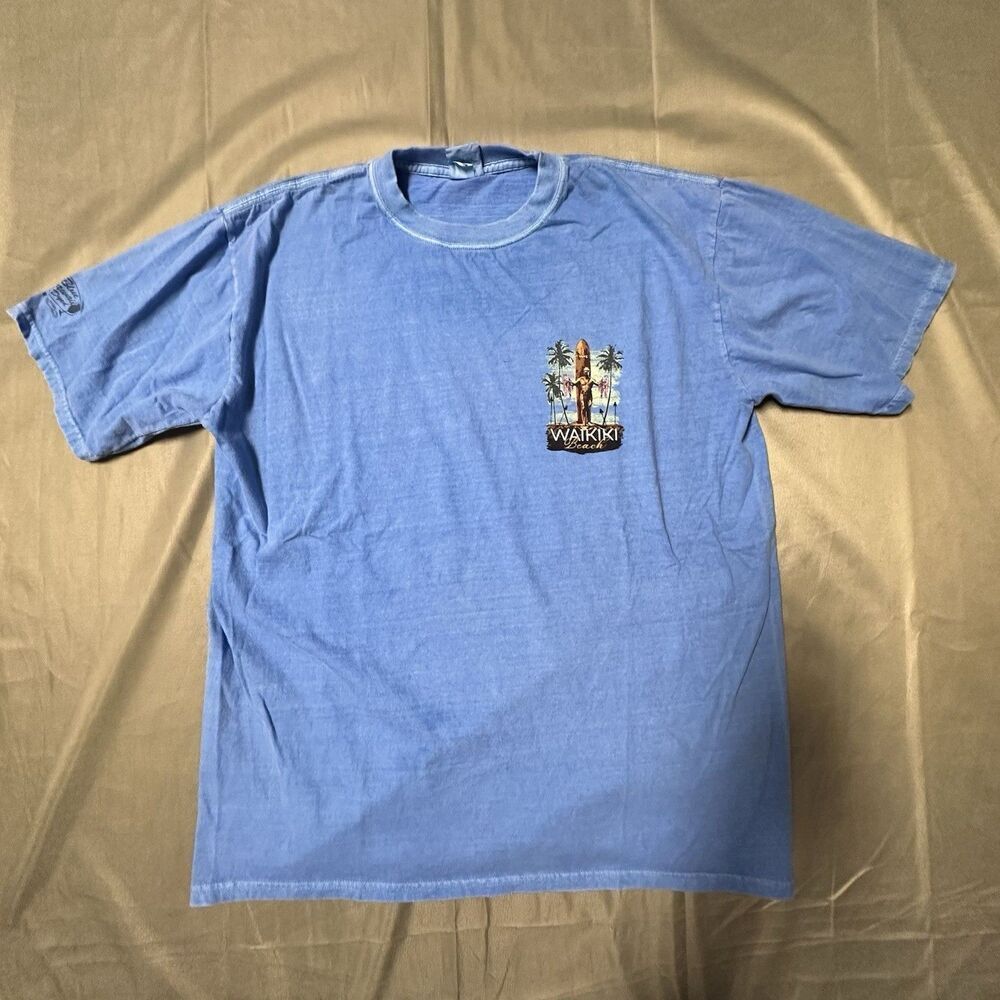 Crazy Shirts Mens Large Blue Hawaiian Dyed Waikiki Beach Hawaii Surf T-Shirt